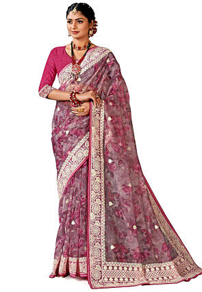 Digital Printed Organza Saree in Purple