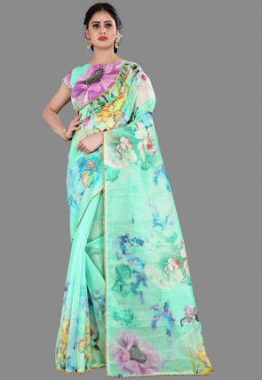 Digital Printed Organza Saree in Sea Green