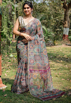 Digital Printed Organza Saree in Sea Green