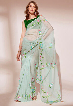 Digital Printed Organza Saree in Sea Green