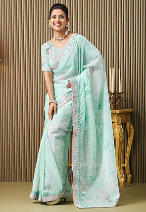 Digital Printed Organza Saree in Sea Green