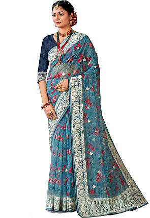Digital Printed Organza Saree in Teal Blue