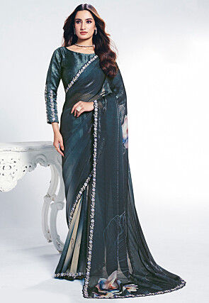 Digital Printed Organza Saree in Teal Blue