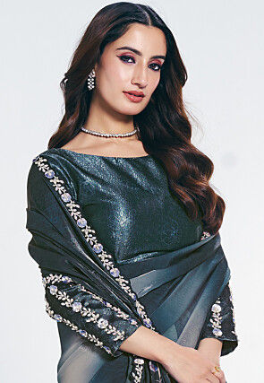 Digital Printed Organza Saree in Teal Blue