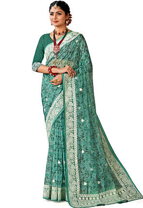 Digital Printed Organza Saree in Teal Green