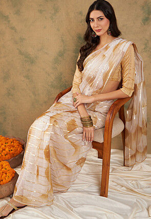 Digital Printed Organza Saree in White