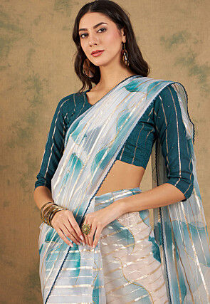 Digital Printed Organza Saree in White