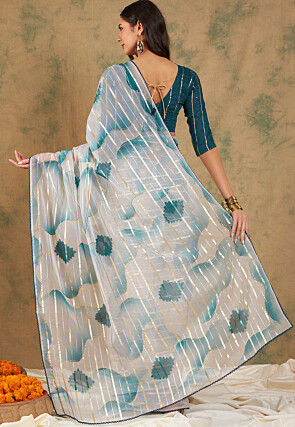 Digital Printed Organza Saree in White