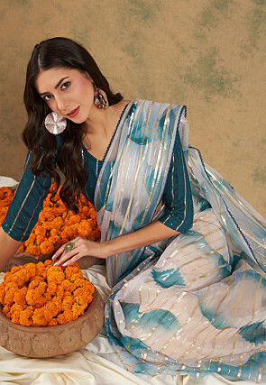 Digital Printed Organza Saree in White