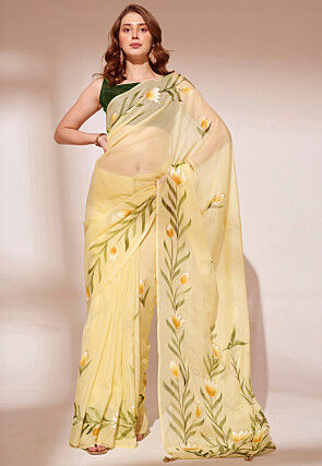 Digital Printed Organza Saree in Yellow