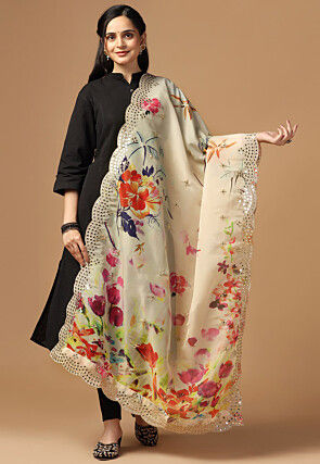 Digital Printed Organza Scalloped Dupatta in Beige
