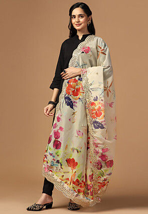 Digital Printed Organza Scalloped Dupatta in Beige