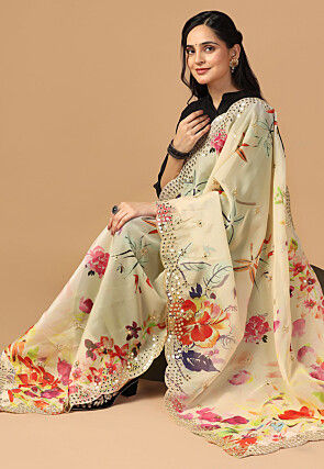 Digital Printed Organza Scalloped Dupatta in Beige