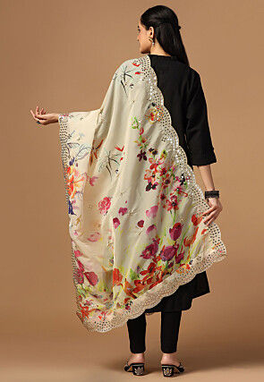 Digital Printed Organza Scalloped Dupatta in Beige