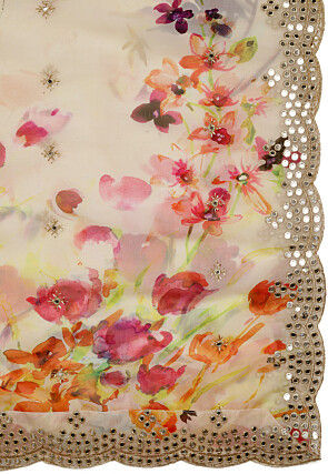 Digital Printed Organza Scalloped Dupatta in Beige