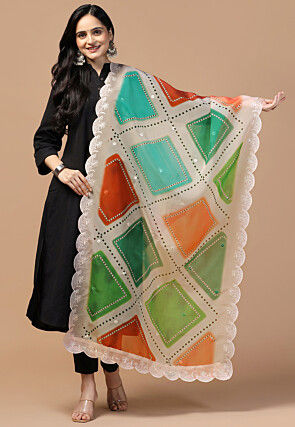 Digital Printed Organza Scalloped Dupatta in Beige