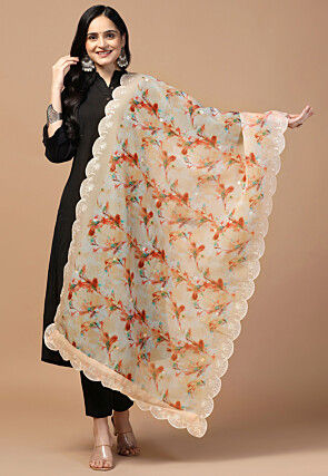 Digital Printed Organza Scalloped Dupatta in Beige