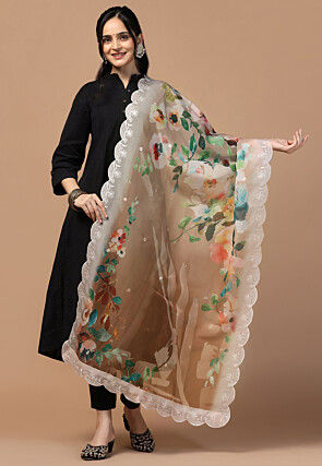 Digital Printed Organza Scalloped Dupatta in Brown