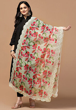 Digital Printed Organza Scalloped Dupatta in Cream