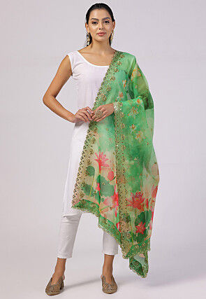 Digital Printed Organza Scalloped Dupatta in Green