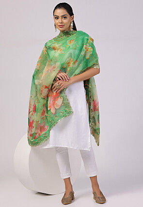 Digital Printed Organza Scalloped Dupatta in Green