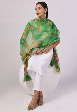 Digital Printed Organza Scalloped Dupatta in Green
