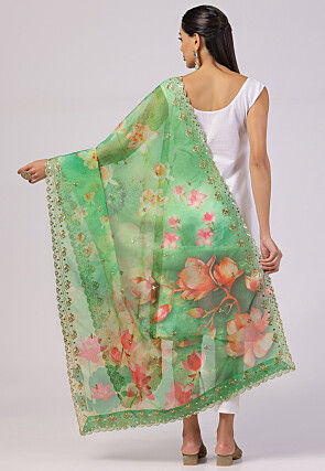 Digital Printed Organza Scalloped Dupatta in Green