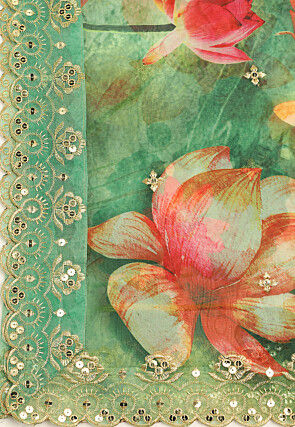 Digital Printed Organza Scalloped Dupatta in Green