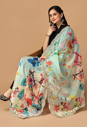 Digital Printed Organza Scalloped Dupatta in Light Blue