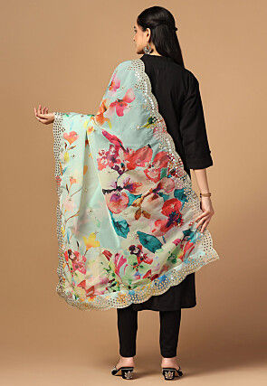 Digital Printed Organza Scalloped Dupatta in Light Blue