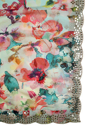 Digital Printed Organza Scalloped Dupatta in Light Blue