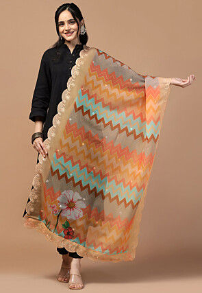 Digital Printed Organza Scalloped Dupatta in Multicolor