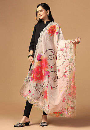 Digital Printed Organza Scalloped Dupatta in Peach