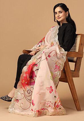 Digital Printed Organza Scalloped Dupatta in Peach