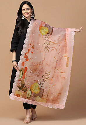Digital Printed Organza Scalloped Dupatta in Peach