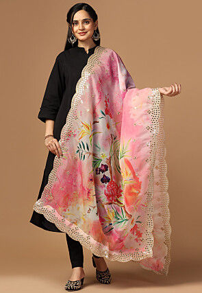 Digital Printed Organza Scalloped Dupatta in Pink