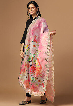 Digital Printed Organza Scalloped Dupatta in Pink