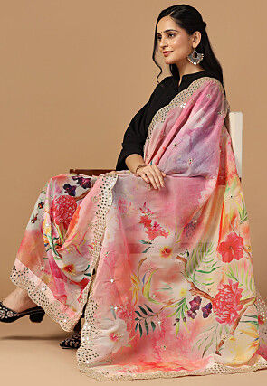 Digital Printed Organza Scalloped Dupatta in Pink