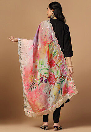 Digital Printed Organza Scalloped Dupatta in Pink