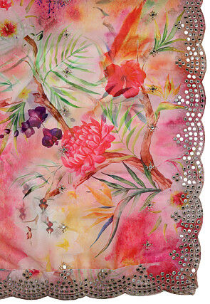 Digital Printed Organza Scalloped Dupatta in Pink