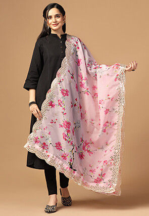 Digital Printed Organza Scalloped Dupatta in Pink