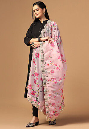 Digital Printed Organza Scalloped Dupatta in Pink