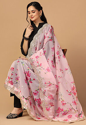 Digital Printed Organza Scalloped Dupatta in Pink