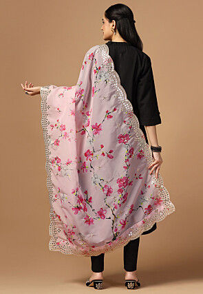 Digital Printed Organza Scalloped Dupatta in Pink