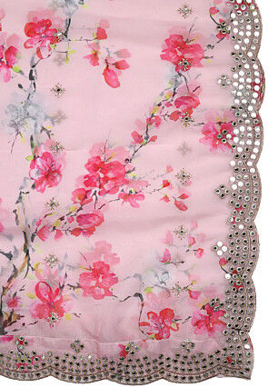 Digital Printed Organza Scalloped Dupatta in Pink