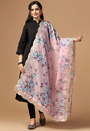 Digital Printed Organza Scalloped Dupatta in Pink