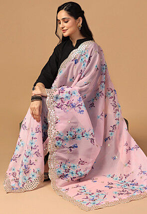 Digital Printed Organza Scalloped Dupatta in Pink