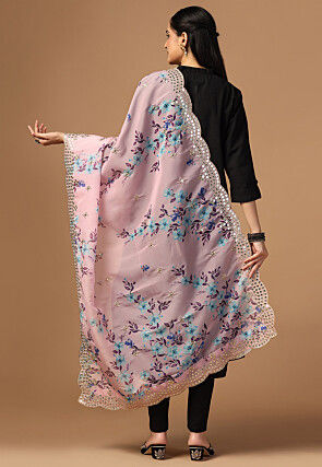 Digital Printed Organza Scalloped Dupatta in Pink