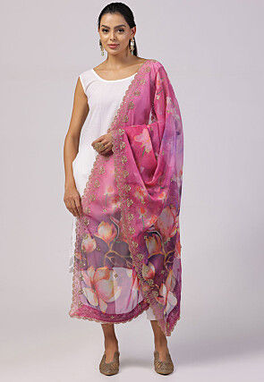 Digital Printed Organza Scalloped Dupatta in Pink