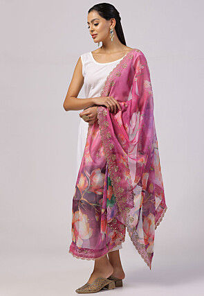 Digital Printed Organza Scalloped Dupatta in Pink